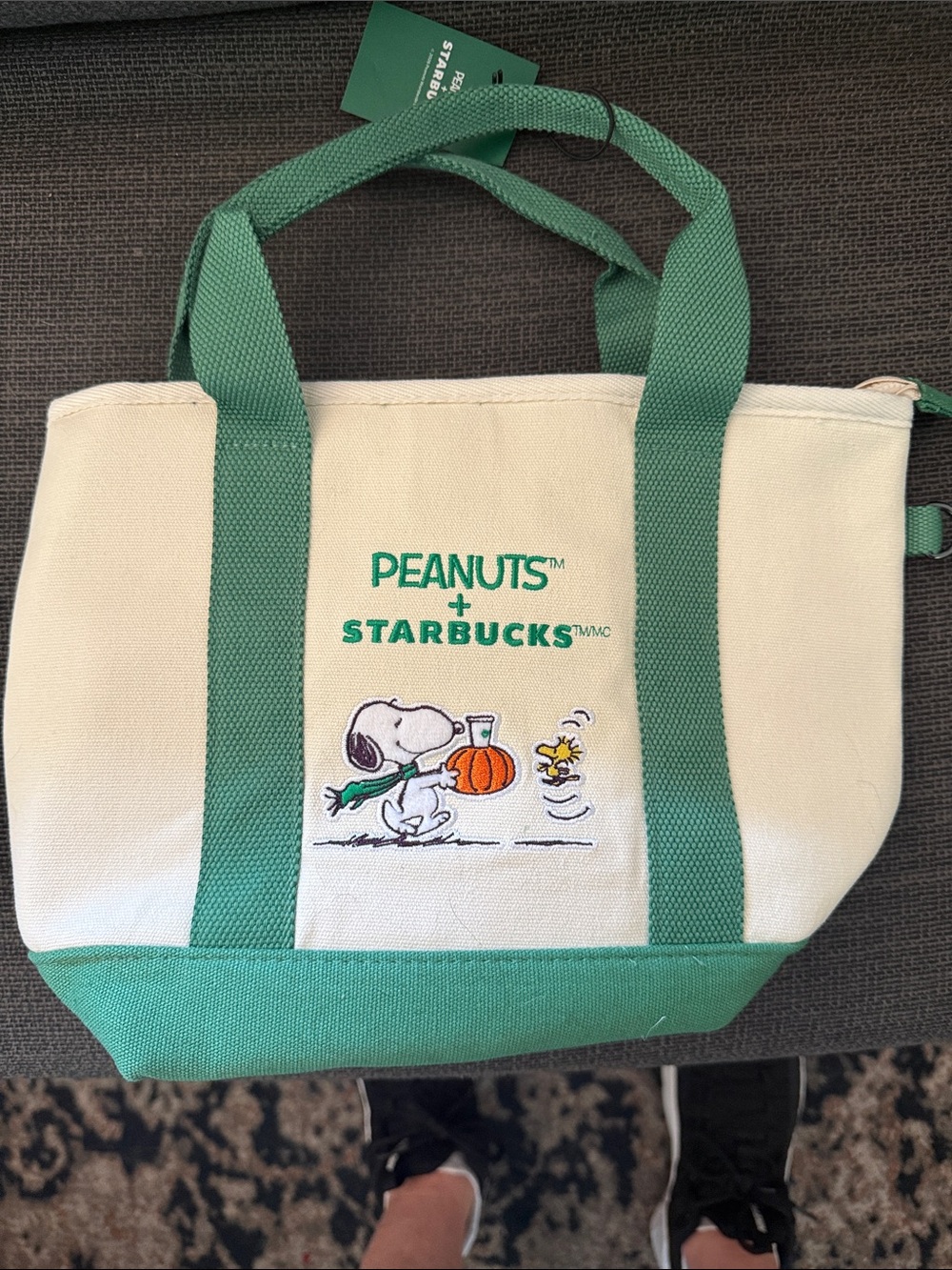 Starbucks Cream and Green Peanuts Canvas Tote with Embroidered Snoopy
